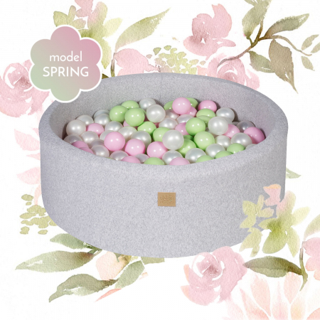 Piscine uscate cu bile colorate - Piscina uscata cu 250 de bile (Verde, Transparent, Alb perlat, Roz pastel) MeowBaby®, Spring, 90x30 cm, Gri deschis