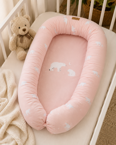 Perne decorative - Babynest 2in1 cu bară protecție pătuț, bumbac Premium OEKO-TEX, Polaria Rosa, 95x65x18 cm, 0 luni+