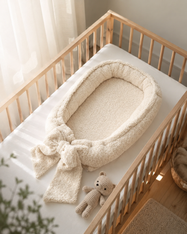 Perne, pilote si babynest - Babynest All Teddy Crem cu Fundă – Textură Pluș, Saltea Detașabilă din Spumă, Handmade în Polonia | 67x34cm, De la 0 Luni