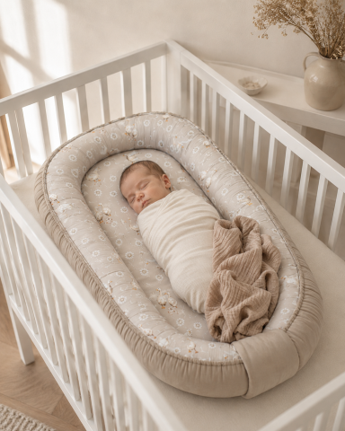Babynest Premium BabySteps „Goose Family Vintage Beige" – Bumbac + Catifea, Umplutură BabySoft Hipoalergenică, OEKO-TEX® | 89x56cm, 0M+