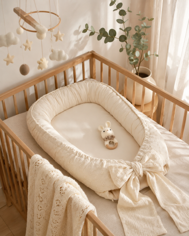 Perne, pilote si babynest - Babynest Premium Brodat Lilly cu Fundă – Bumbac Natural 100%, Saltea Detașabilă, Handmade Polonia | De la Naștere la 9 Luni