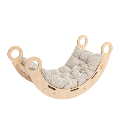 Balance board - Balansoar Montessori din Lemn Dream Rocker MeowBaby – Mărime Mică, cu Pernă Bej, Multifuncțional Leagăn + Tunel + Scară | Placaj Lăcuit
