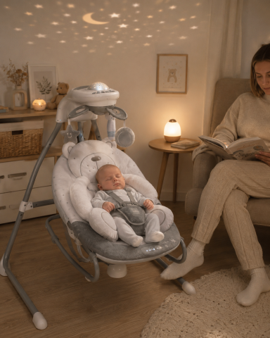 Plimbare & Relaxare - Balansoar și Scaun 2în1 „Orso Grigio" – Melodii, Proiector, 4 Viteze, Timer, Carusel Motorizat | EN 16232/EN 12790, 0-9kg