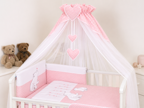 Baldachine - Baldachin din tul, Bear Heart Roz + Suport universal din metal pentru pătuț| Set complet 600x160 cm