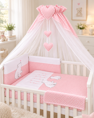 Baldachine - Baldachin din tul pentru pătuț, 600x160 cm, Bear Heart Roz – Amy | Protecție, confort și decor elegant
