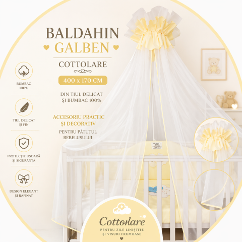 Camera copilului - Baldachin galben – Cottolare 400×170 cm, din tiul delicat și bumbac 100% – un accesoriu practic și decorativ pentru pătuțul bebelușului.