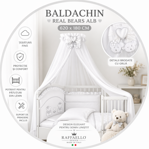 Baldachin Lux - Baldachin patut lemn cu suport de prindere inclus Real Bears Alb, 620x180 cm