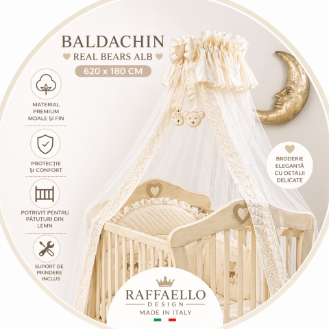 Baldachin Lux - Baldachin patut lemn cu suport de prindere inclus Real Bears Ivory, 620x180 cm