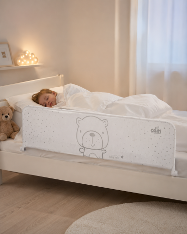 Sisteme de siguranta copii - Barieră Protecție Pat Copii CAM „Baby Bear" Alb – Rabatabilă, 150x44cm, Certificat EN 1930:2011, Montaj Fără Scule | 18 Luni - 5 Ani