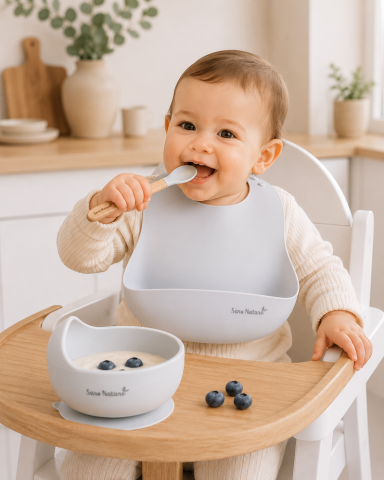 Bebe la masa - Bavetă Silicon cu Buzunar Saro Baby „Nordic" – Ajustabilă, Impermeabilă, Gri | De la 6 Luni