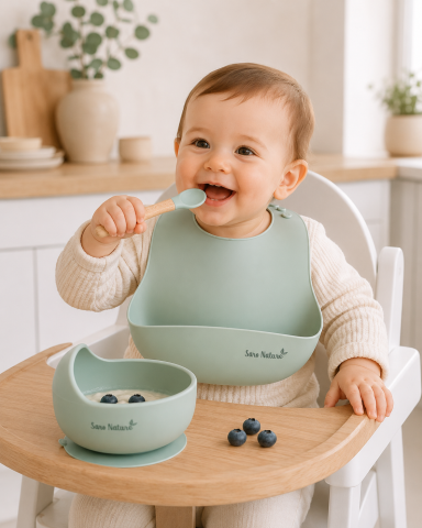 Bebe la masa - Bavetă Silicon cu Buzunar Saro Baby „Nordic" – Ajustabilă, Impermeabilă, Mint | De la 6 Luni