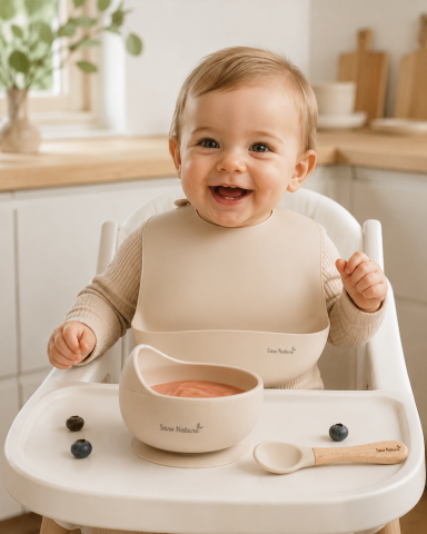 Bebe la masa - Bavetă Silicon cu Buzunar Saro Baby „Nordic" – Ajustabilă, Impermeabilă, Sand | De la 6 Luni