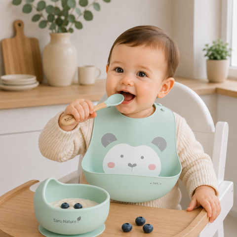 Bebe la masa - Bavetă Silicon cu Buzunar Saro Baby „Sweet & Fun" – Ajustabilă, Antibacteriană, Mint| De la 6 Luni
