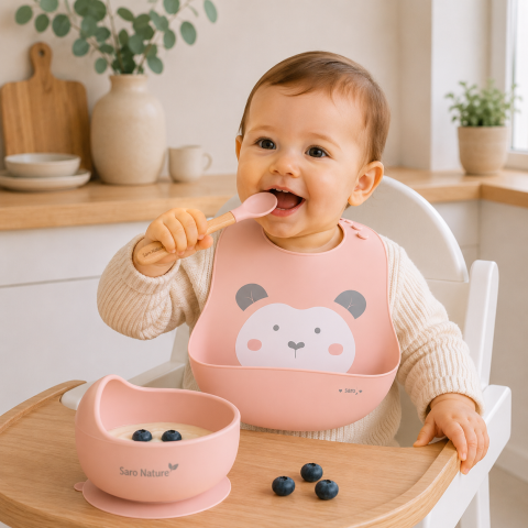 Bebe la masa - Bavetă Silicon cu Buzunar Saro Baby „Sweet & Fun" – Ajustabilă, Antibacteriană, Pink | De la 6 Luni