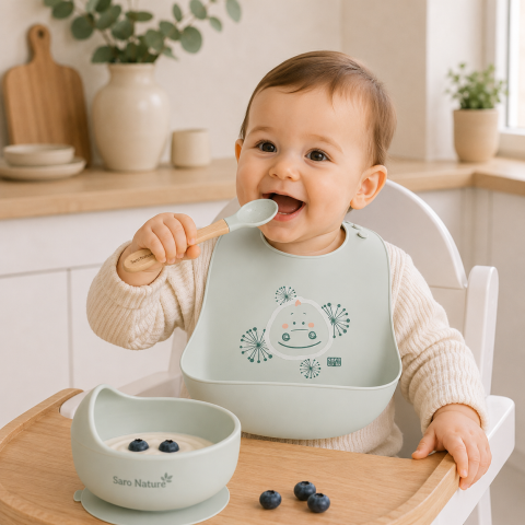 Bebe la masa - Bavetă Silicon cu Buzunar Saro Baby „Yum!" – Ajustabilă, Impermeabilă, Green Crocodile | De la 6 Luni