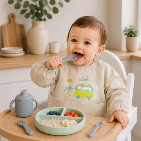 Bebe la masa - Bavetă Impermeabilă cu Mâneci și Buzunar Saro Baby „Aloha" Sand – Reglabilă Velcro | De la 6 Luni