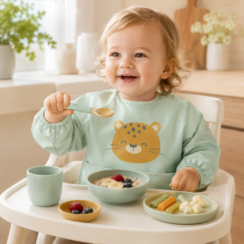 Bebe la masa - Bavetă Impermeabilă cu Mâneci și Buzunar Saro Baby „Cheetahs" Mint – Reglabilă Velcro | De la 6 Luni