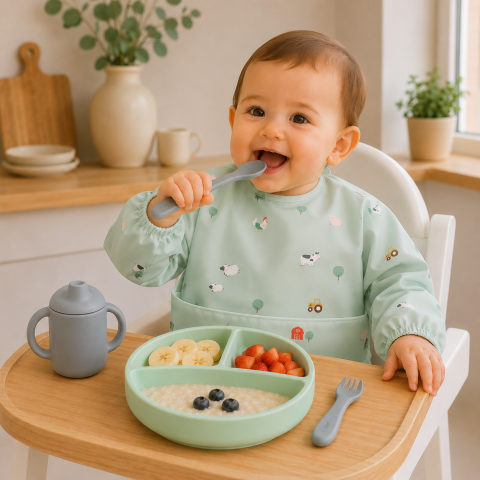 Bavete - Bavetă Impermeabilă cu Mâneci și Buzunar Saro Baby „Funny Farm" Mint – Reglabilă Velcro| De la 6 Luni