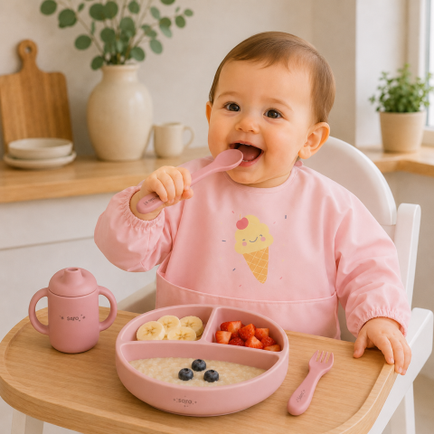 Bebe la masa - Bavetă Impermeabilă cu Mâneci și Buzunar Saro Baby „Ice Cream" Pink – Reglabilă Velcro | De la 6 Luni