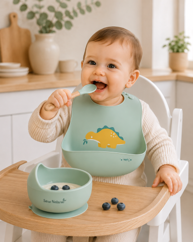 Bebe la masa - Bavetă Silicon cu Buzunar Saro Baby „Party" – Ajustabilă, Impermeabilă, Dino Mint | De la 6 Luni