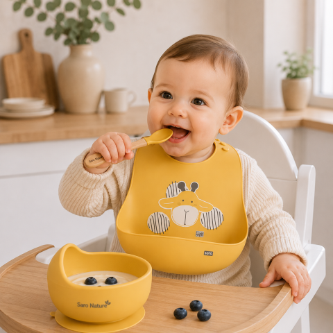 Bebe la masa - Bavetă Silicon cu Buzunar Saro Baby „Yum!" – Ajustabilă, Impermeabilă, Yellow Giraffe | De la 6 Luni