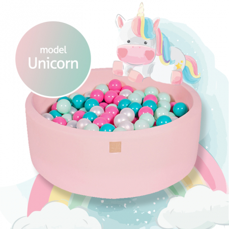 Piscine uscate cu bile colorate - Piscina uscata cu 250 de bile (Alb perlat, Turcoaz, Roz pastel, Mint) MeowBaby®, Unicorn, 90x40 cm, Roz deschis