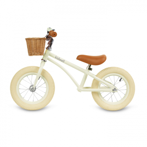 Bicicleta de echilibru fara pedale pentru copii, reglabila, roti de 12", sonerie si cos, 3 ani+, Retro Classy Cream, Kidwell [2]