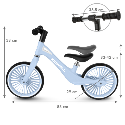 Bicicleta de echilibru fara pedale pentru copii, Kidwell NIX Blue Aura, 3.05 kg, roți PU 29 cm, reglabilă, 80–120 cm, max. 30 kg [7]