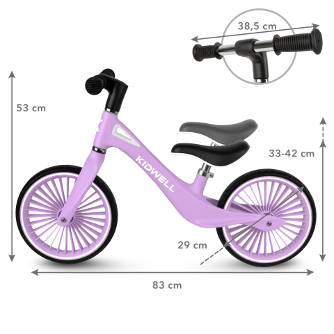 Bicicleta de echilibru fara pedale pentru copii, Kidwell NIX Lavender, 3.05 kg, roți PU 29 cm, reglabilă, 80–120 cm, max. 30 kg [7]