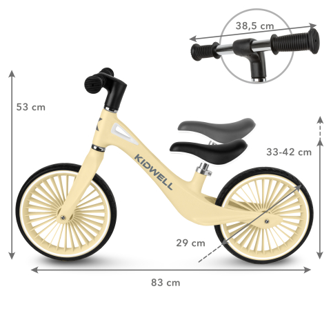Bicicleta de echilibru fara pedale pentru copii, Kidwell NIX Yellow, 3.05 kg, roți PU 29 cm, reglabilă, 80–120 cm, max. 30 kg [7]