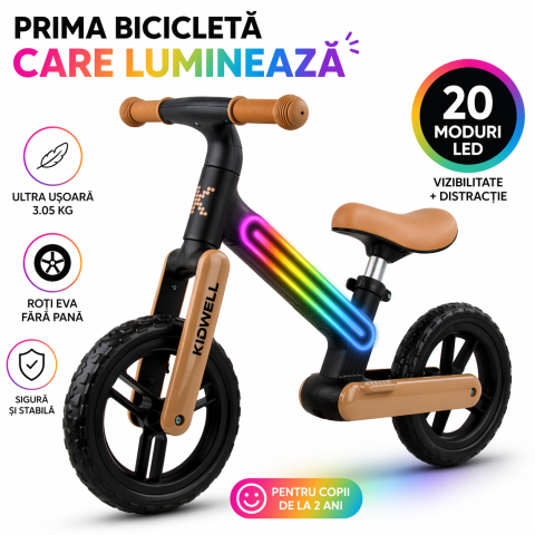 Biciclete de echilibru - Bicicleta de echilibru fara pedale pentru copii, sa reglabila, cu lumini LED, roti Eva, 2 ani+, Suno Black/Beige, Kidwell