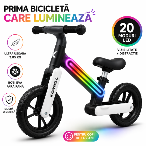 Biciclete de echilibru - Bicicleta de echilibru fara pedale pentru copii, sa reglabila, cu lumini LED, roti Eva, 2 ani+, Suno Black/White, Kidwell
