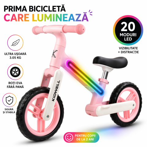 Biciclete de echilibru - Bicicleta de echilibru fara pedale pentru copii, sa reglabila, cu lumini LED, roti Eva, 2 ani+, Suno Pink, Kidwell