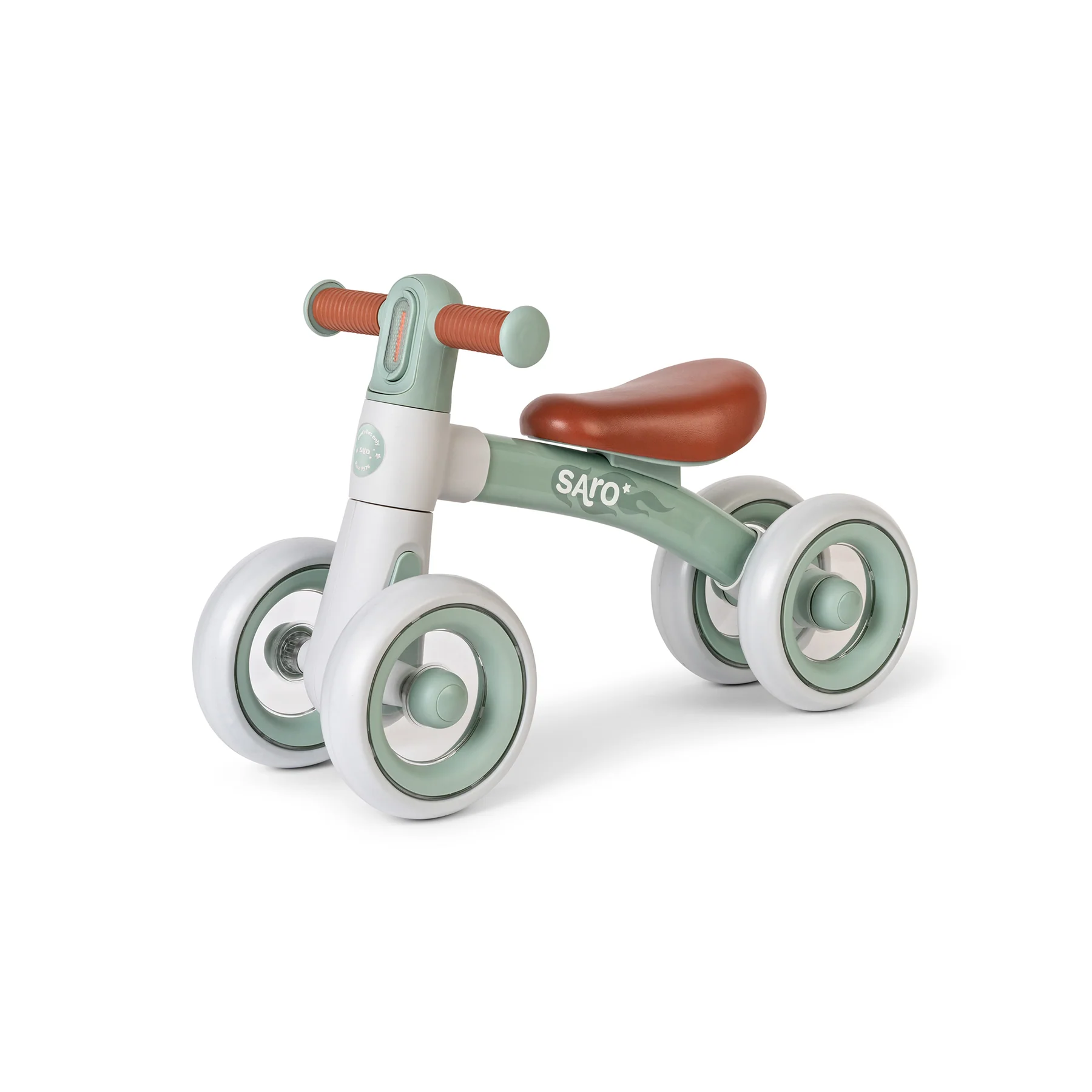 Bicicletă de echilibru Saro “Ride Free” Mint, fără pedale, cu 4 roți pentru stabilitate (2 față + 2 spate), lumină frontală, 12+ luni, max 25 kg [1]