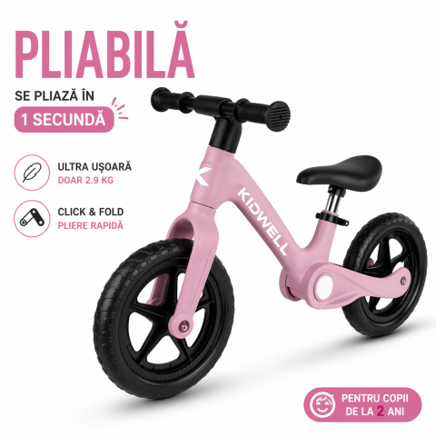 Biciclete de echilibru - Bicicleta de echilibru fara pedale pentru copii, pliabila, Kidwell FLEX Pink, ultra usoara 2.9 kg, roți EVA 29 cm, reglabilă, 80–120 cm, max. 30 kg