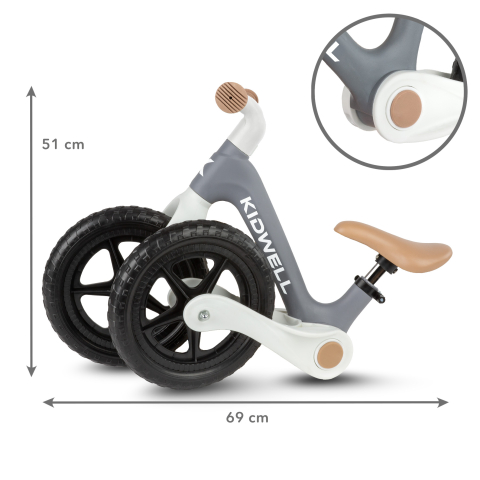 Bicicleta de echilibru fara pedale pentru copii, pliabila, Kidwell FLEX Gray, ultra usoara 2.9 kg, roți EVA 29 cm, reglabilă, 80–120 cm, max. 30 kg [11]