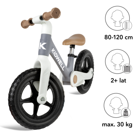 Bicicleta de echilibru fara pedale pentru copii, pliabila, Kidwell FLEX Gray, ultra usoara 2.9 kg, roți EVA 29 cm, reglabilă, 80–120 cm, max. 30 kg [9]