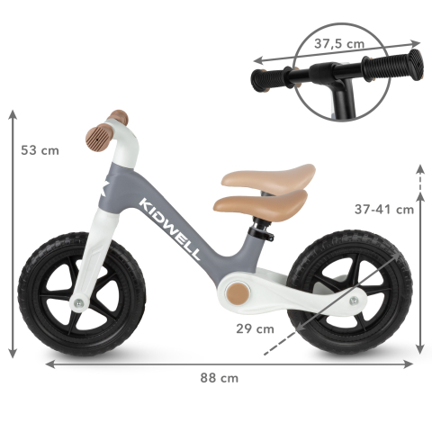 Bicicleta de echilibru fara pedale pentru copii, pliabila, Kidwell FLEX Gray, ultra usoara 2.9 kg, roți EVA 29 cm, reglabilă, 80–120 cm, max. 30 kg [12]