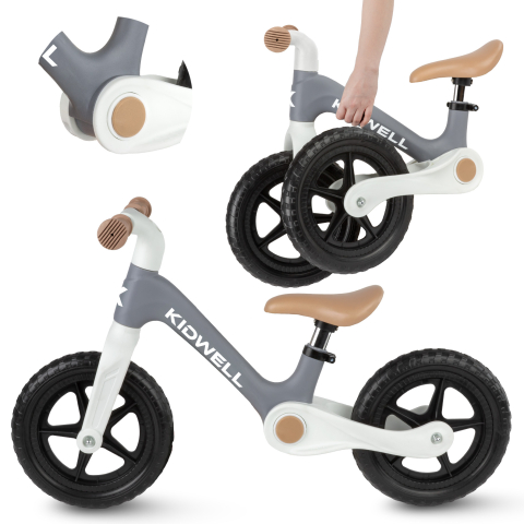 Bicicleta de echilibru fara pedale pentru copii, pliabila, Kidwell FLEX Gray, ultra usoara 2.9 kg, roți EVA 29 cm, reglabilă, 80–120 cm, max. 30 kg [1]