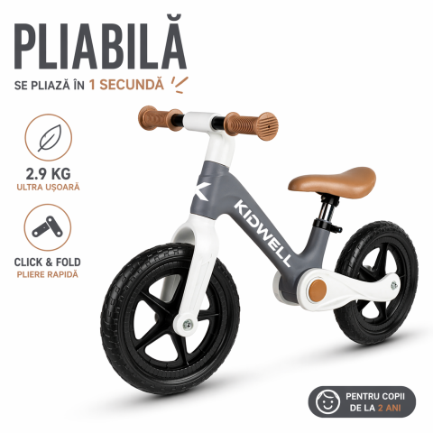 Biciclete de echilibru - Bicicleta de echilibru fara pedale pentru copii, pliabila, Kidwell FLEX Gray, ultra usoara 2.9 kg, roți EVA 29 cm, reglabilă, 80–120 cm, max. 30 kg