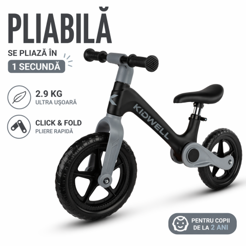 Plimbare & Relaxare - Bicicletă fără pedale pliabilă Kidwell FLEX Black, ultra ușoară 2.9 kg, 2+ ani