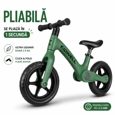 Plimbare & Relaxare - Bicicleta de echilibru fara pedale pentru copii, pliabila, Kidwell FLEX Green, ultra usoara 2.9 kg, roți EVA 29 cm, reglabilă, 80–120 cm, max. 30 kg