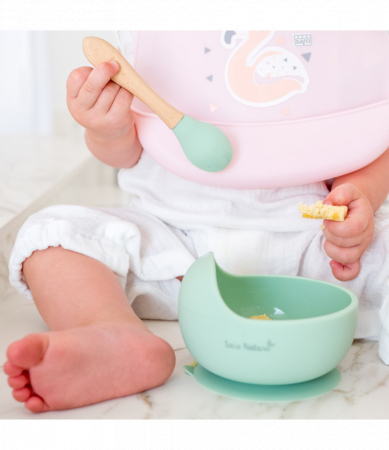 Bol anti-alunecare din silicon alimentar și linguriță, set de 2 piese pentru diversificare, Babyblue [10]