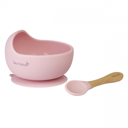 Set hranire - Bol anti-alunecare din silicon alimentar și linguriță, set de 2 piese pentru diversificare, Light Rose
