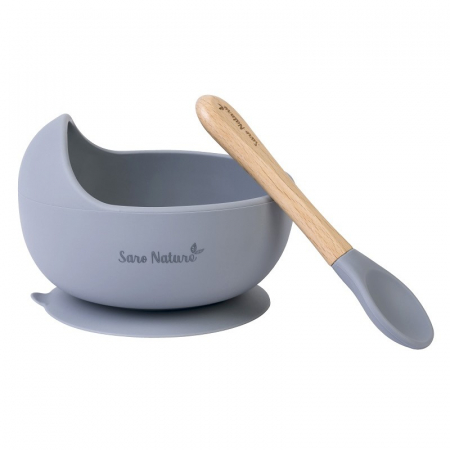 Set hranire - Bol anti-alunecare din silicon alimentar și linguriță, set de 2 piese pentru diversificare, Blue mist