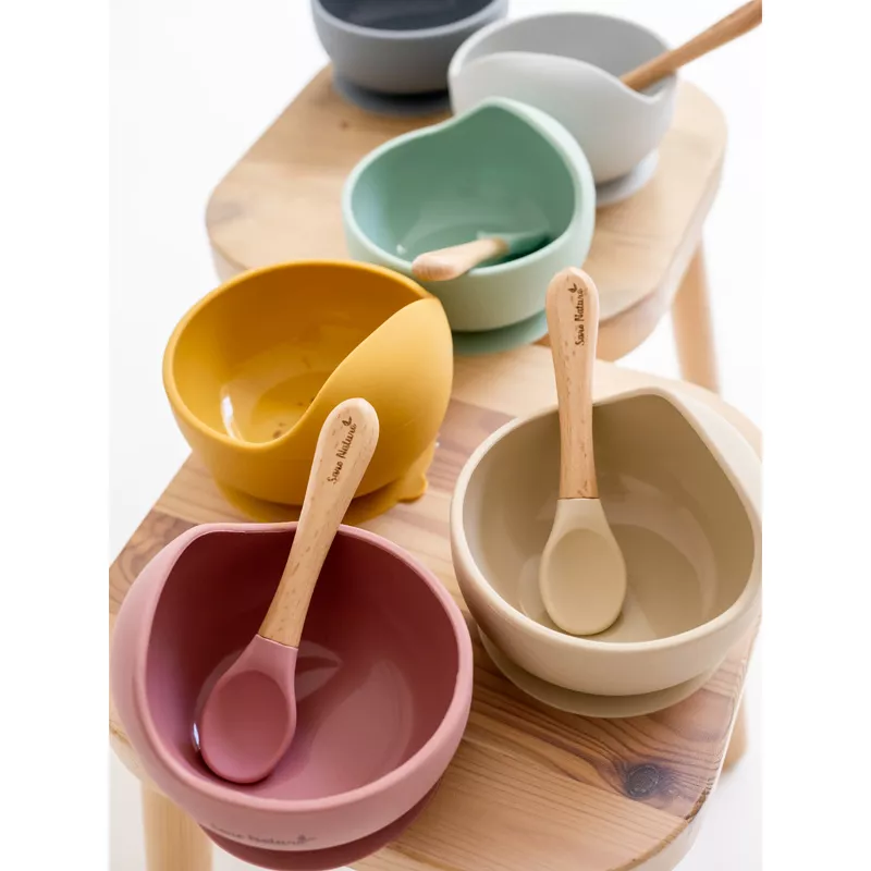 Bol anti-alunecare din silicon alimentar și linguriță, set de 2 piese pentru diversificare, Babyblue [2]