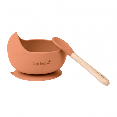 Set hranire - Bol anti-alunecare din silicon alimentar și linguriță, set de 2 piese pentru diversificare, Copper
