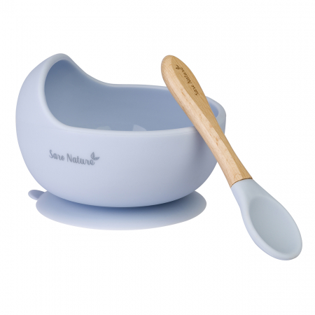 Set hranire - Bol anti-alunecare din silicon alimentar și linguriță, set de 2 piese pentru diversificare, Babyblue