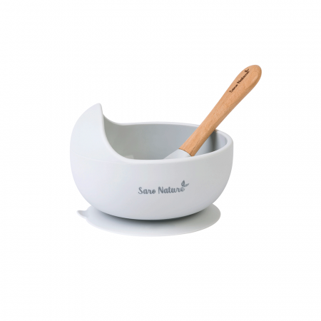Set hranire - Bol anti-alunecare din silicon alimentar și linguriță, set de 2 piese pentru diversificare, Grey
