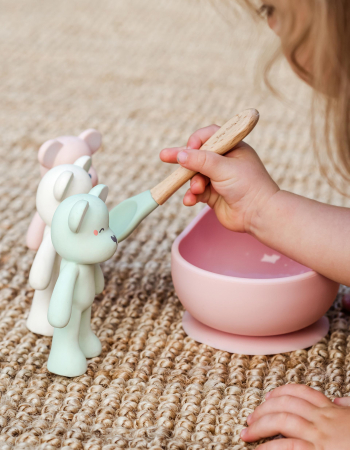 Bol anti-alunecare din silicon alimentar și linguriță, set de 2 piese pentru diversificare, Light Rose [3]